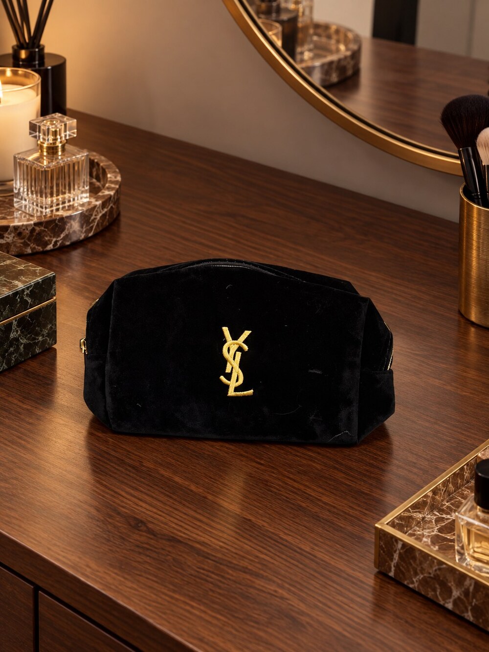 Yves Saint Laurent Black Velvet Makeup Bag | Velvet and Gold-Tone Details - Picture 5 of 6